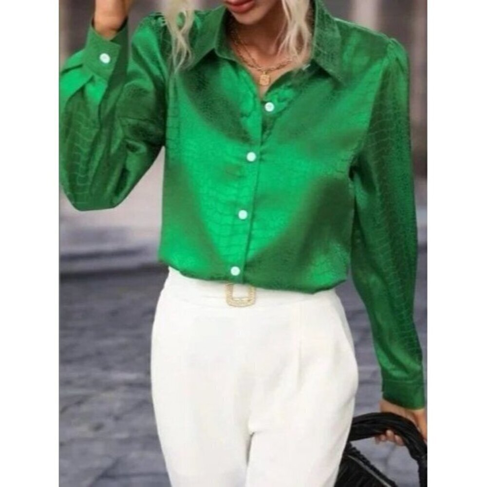 Green Classic Jacquard Puff Sleeve Shirt - Picture 3 of 5
